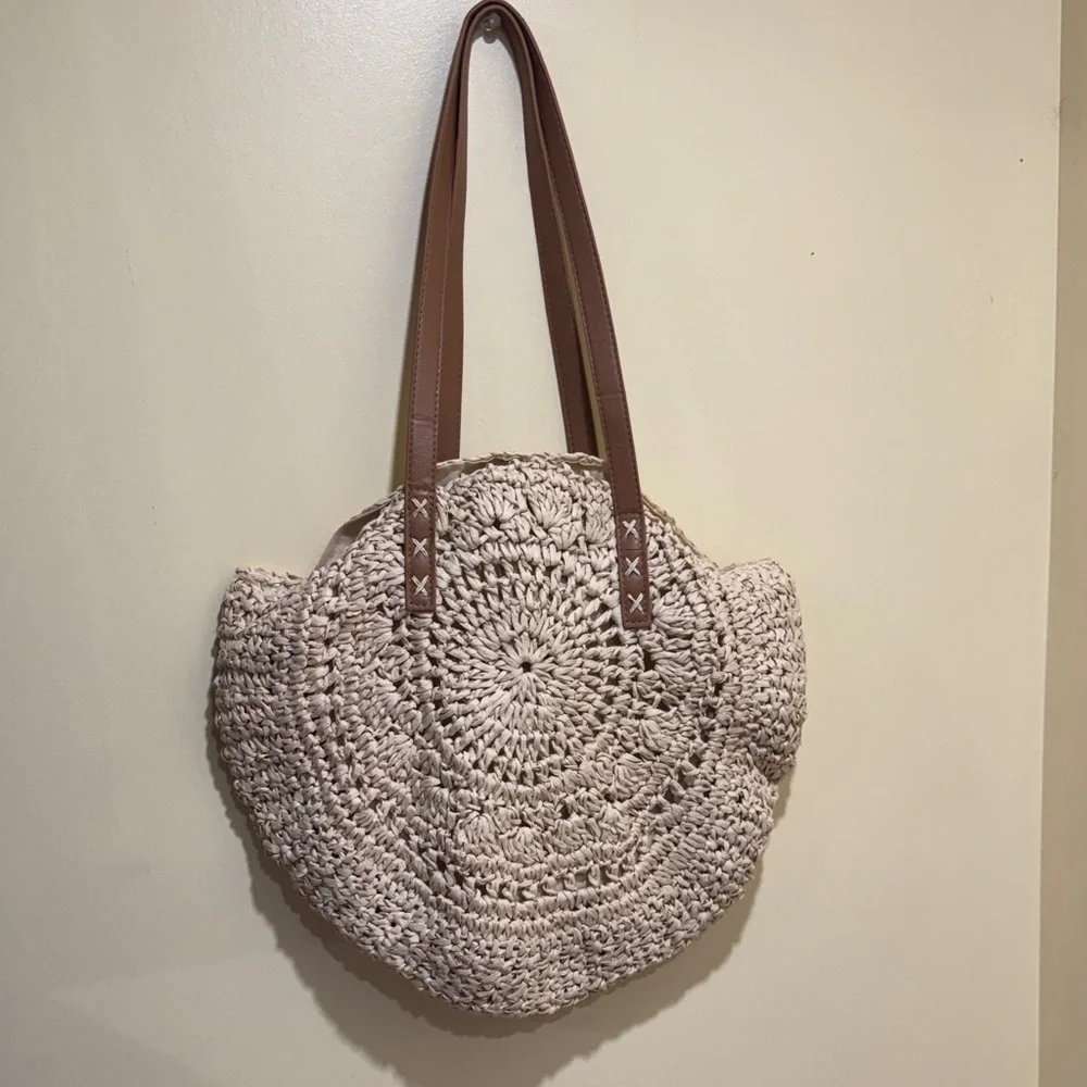 Beige Woven Tote Bag with Brown Straps - Picture 11 of 15